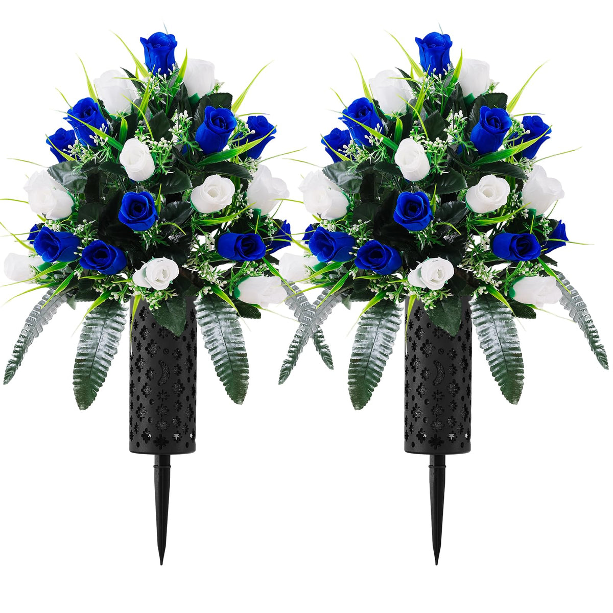 Wironlst artificial cemetery flowers bouquet white and dark blue for outdoor graves