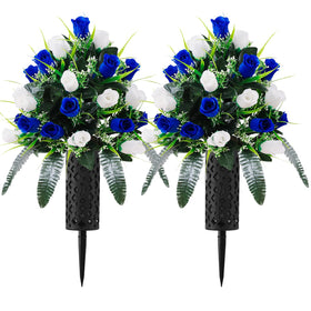 Wironlst artificial cemetery flowers bouquet white and dark blue for outdoor graves