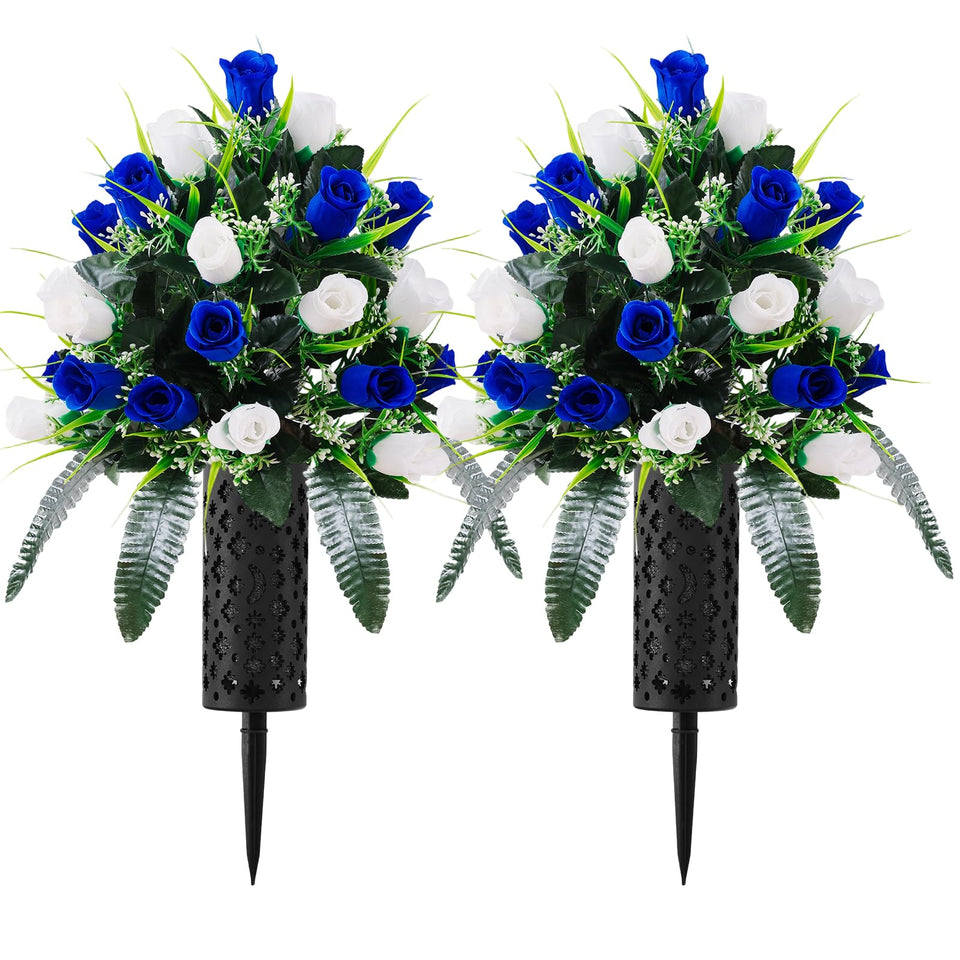 Wironlst artificial cemetery flowers bouquet white and dark blue for outdoor graves