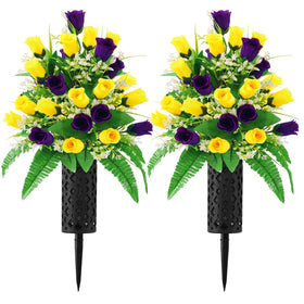 Wironlst yellow and purple artificial cemetery bouquet for durable outdoor graveside decor.