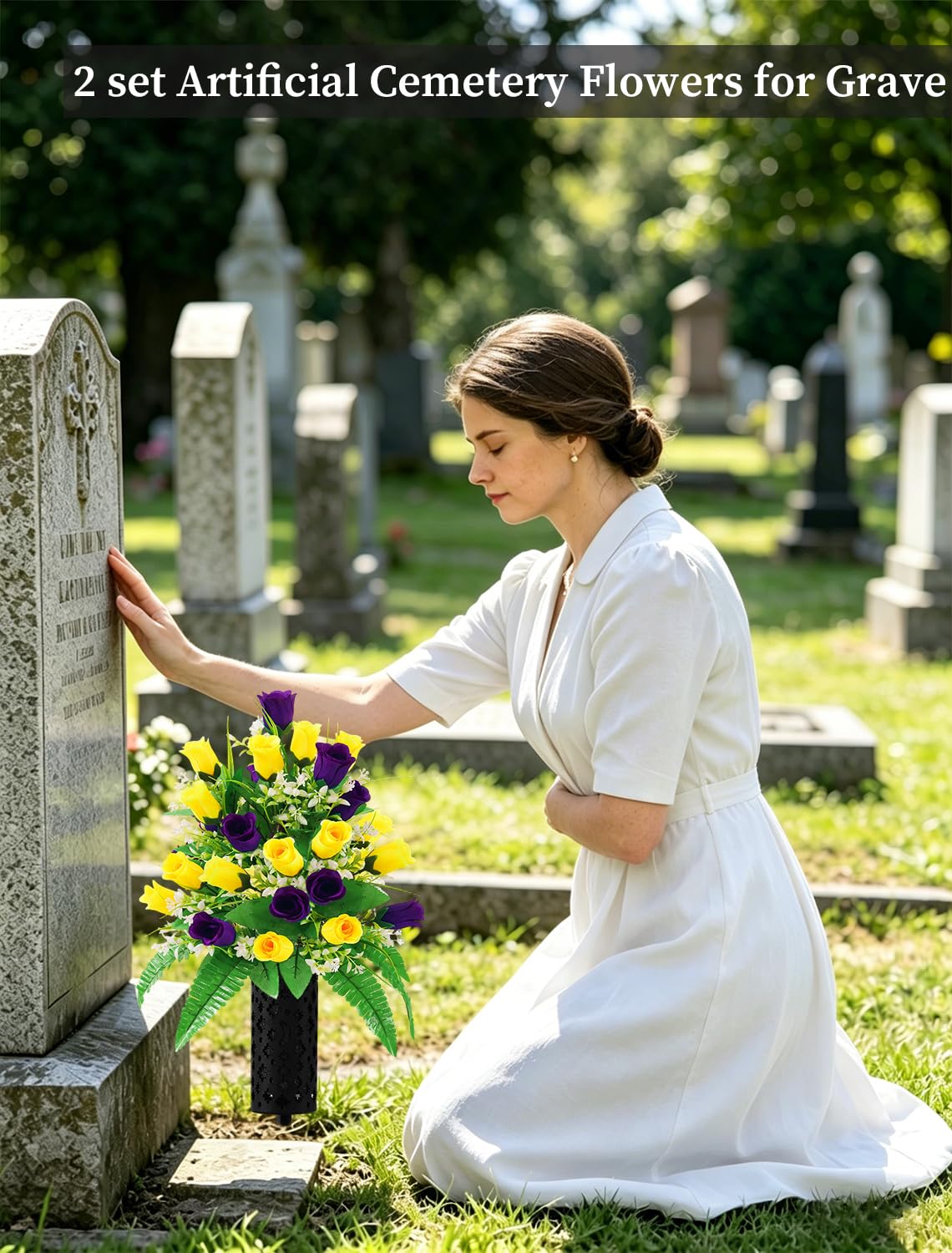 Wironlst second yellow-purple artificial cemetery bouquet for long-lasting memorial site display.