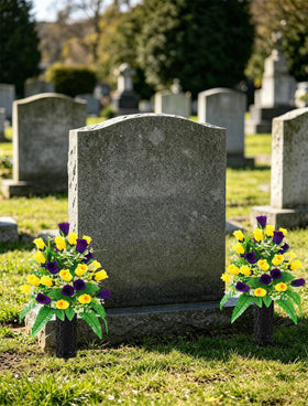 Wironlst vase with built-in foam secures stems for stable gravesite displays.