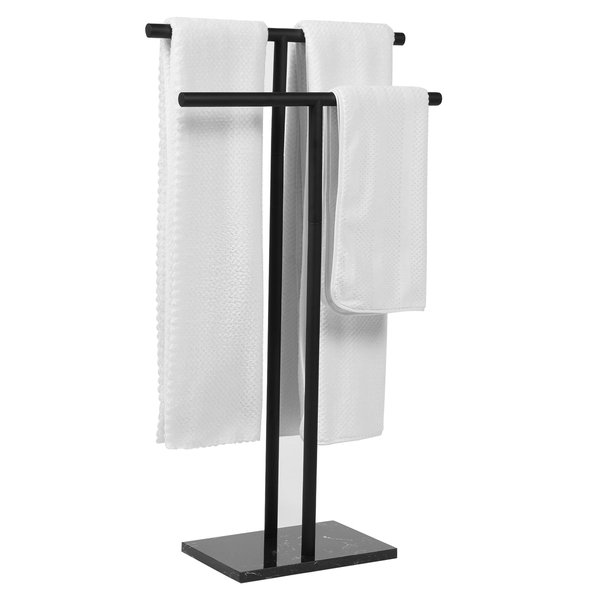 WISATO free-standing towel rack with matte black base for stable bathroom storage.