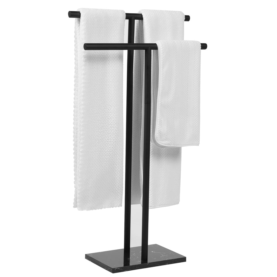 WISATO free-standing towel rack with matte black base for stable bathroom storage.