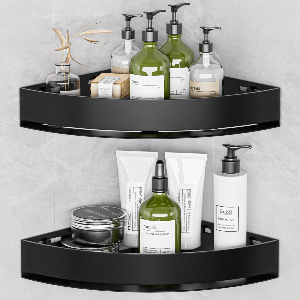 Wisfame black corner shower caddy front view with two rustproof shelves