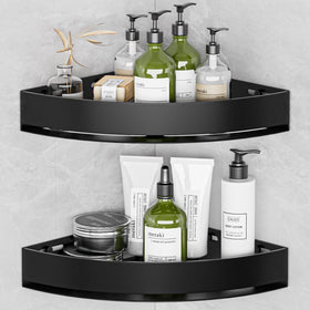 Wisfame black corner shower caddy front view with two rustproof shelves