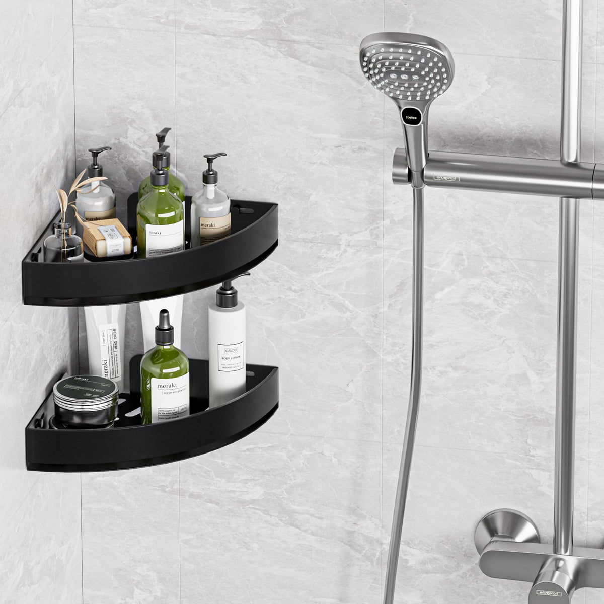 Wisfame black corner shower caddy side angle highlighting compact fit