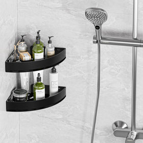 Wisfame black corner shower caddy side angle highlighting compact fit