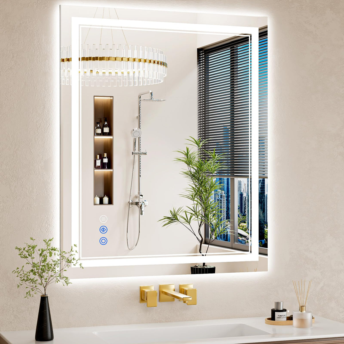 WISSMIELS 30x36 mirror showing backlit and front-lit illumination for bright reflections.