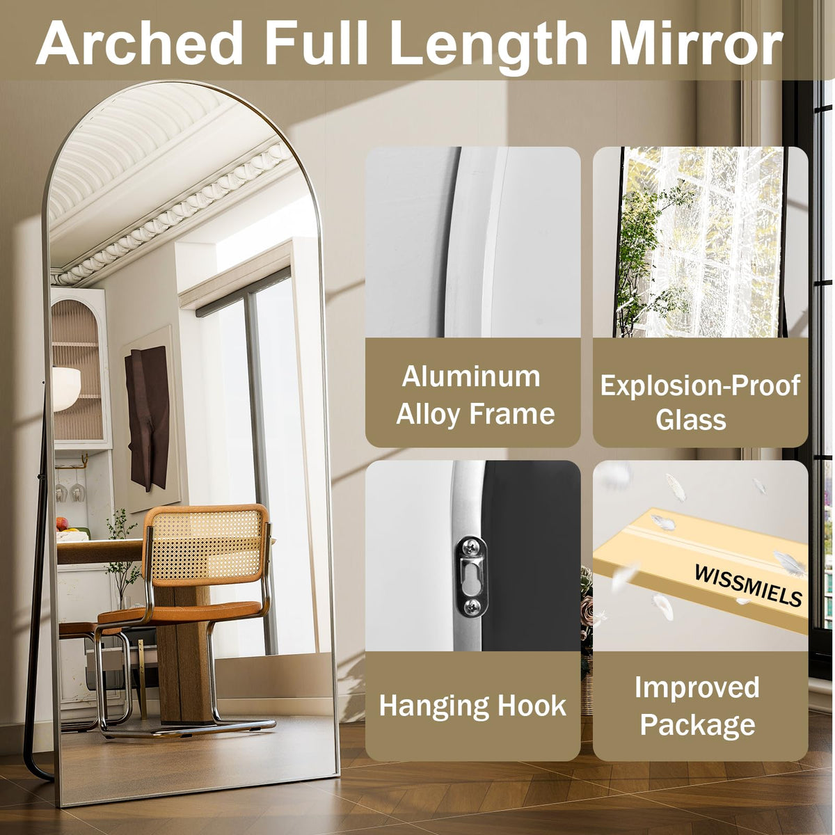 WISSMIELS aluminum alloy frame resists humidity for bathroom durability.