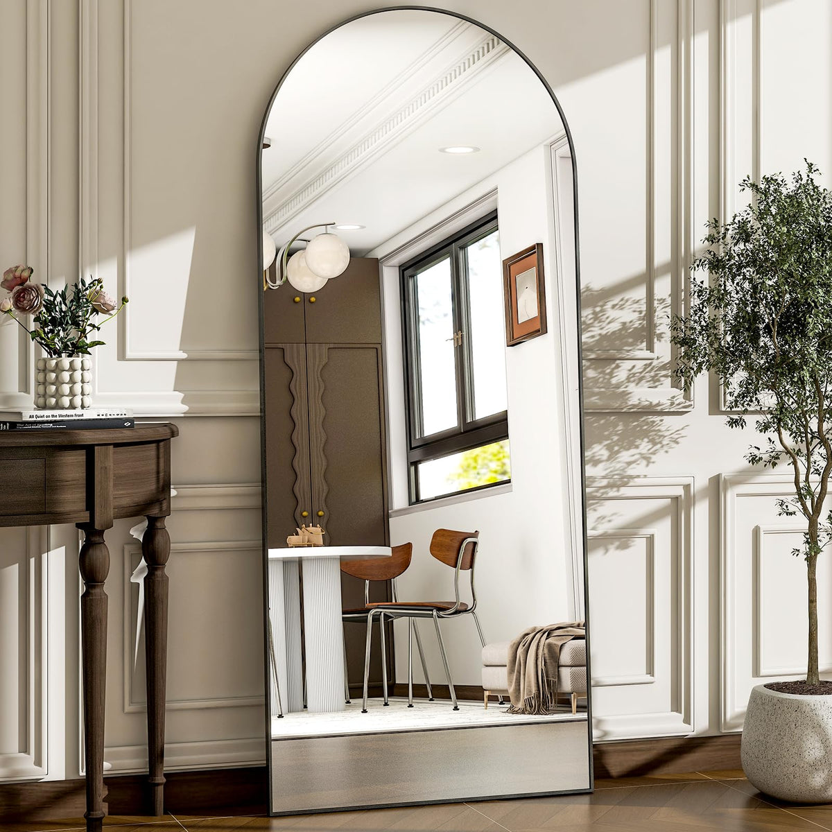 WISSMIELS arched full-length mirror offers full outfit visibility for daily styling