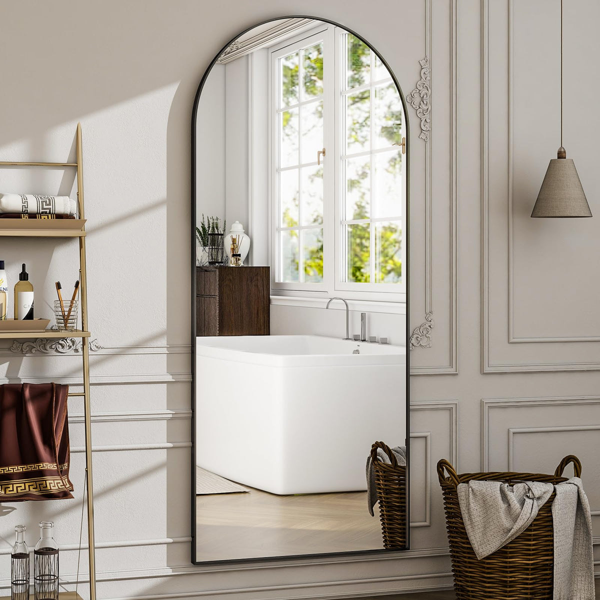 WISSMIELS arched mirror demonstrates versatile mounting for wall or floor use