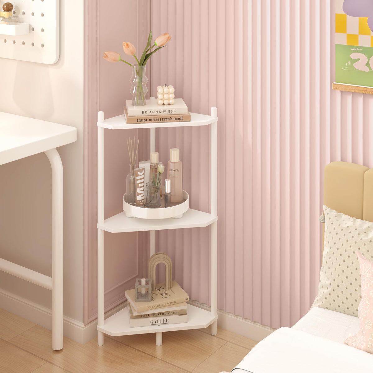 Wisuce corner shelf in bathroom setting for towels and toiletries