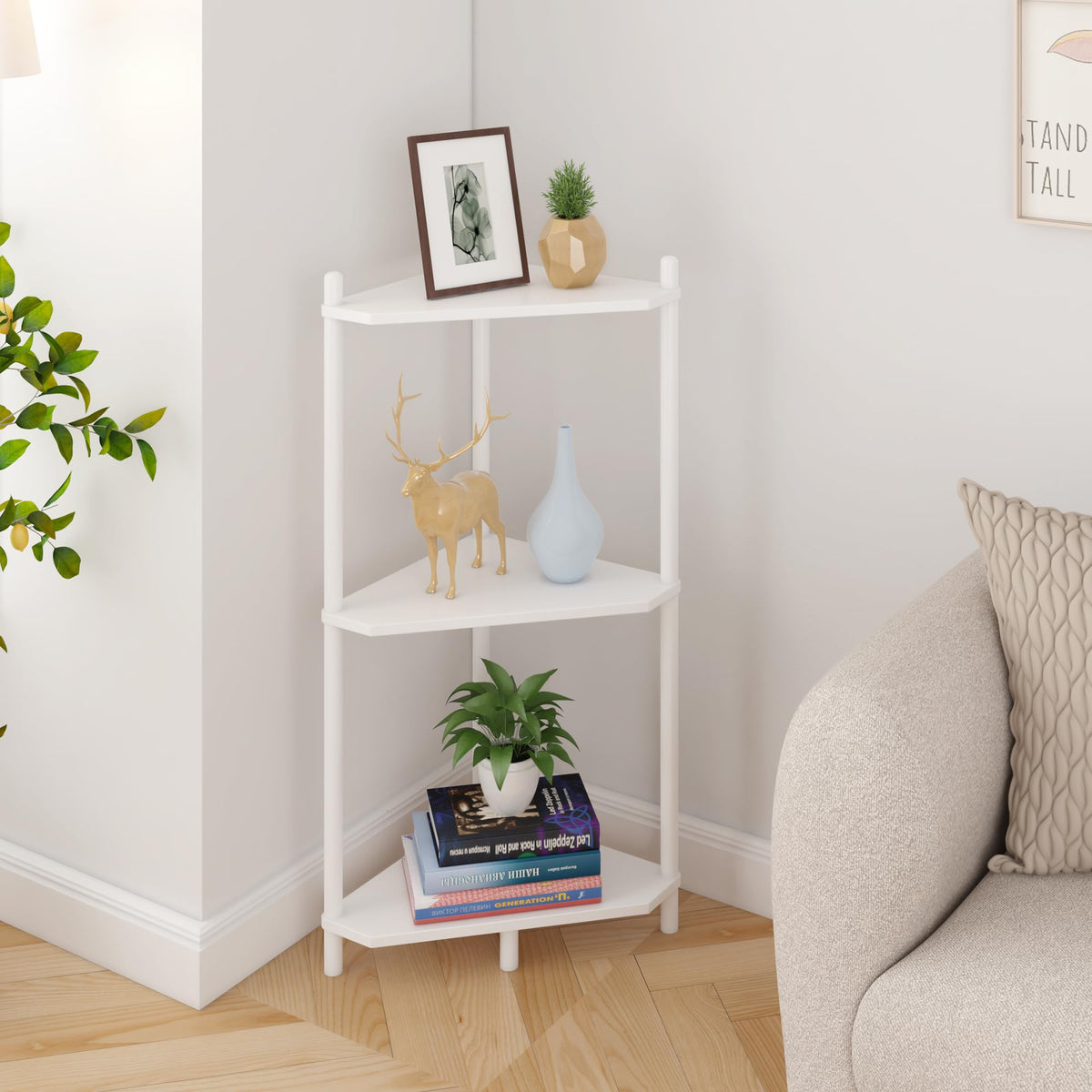 Wisuce 3-tier corner shelf in white, front view for compact storage