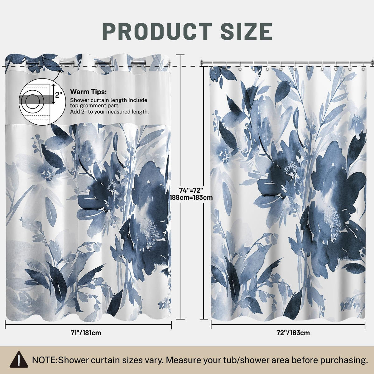 WITHLOC curtain measures 71 by 74 inches for standard baths.