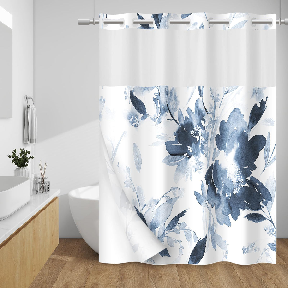 WITHLOC floral curtain features navy blue plants to elevate your bathroom decor.