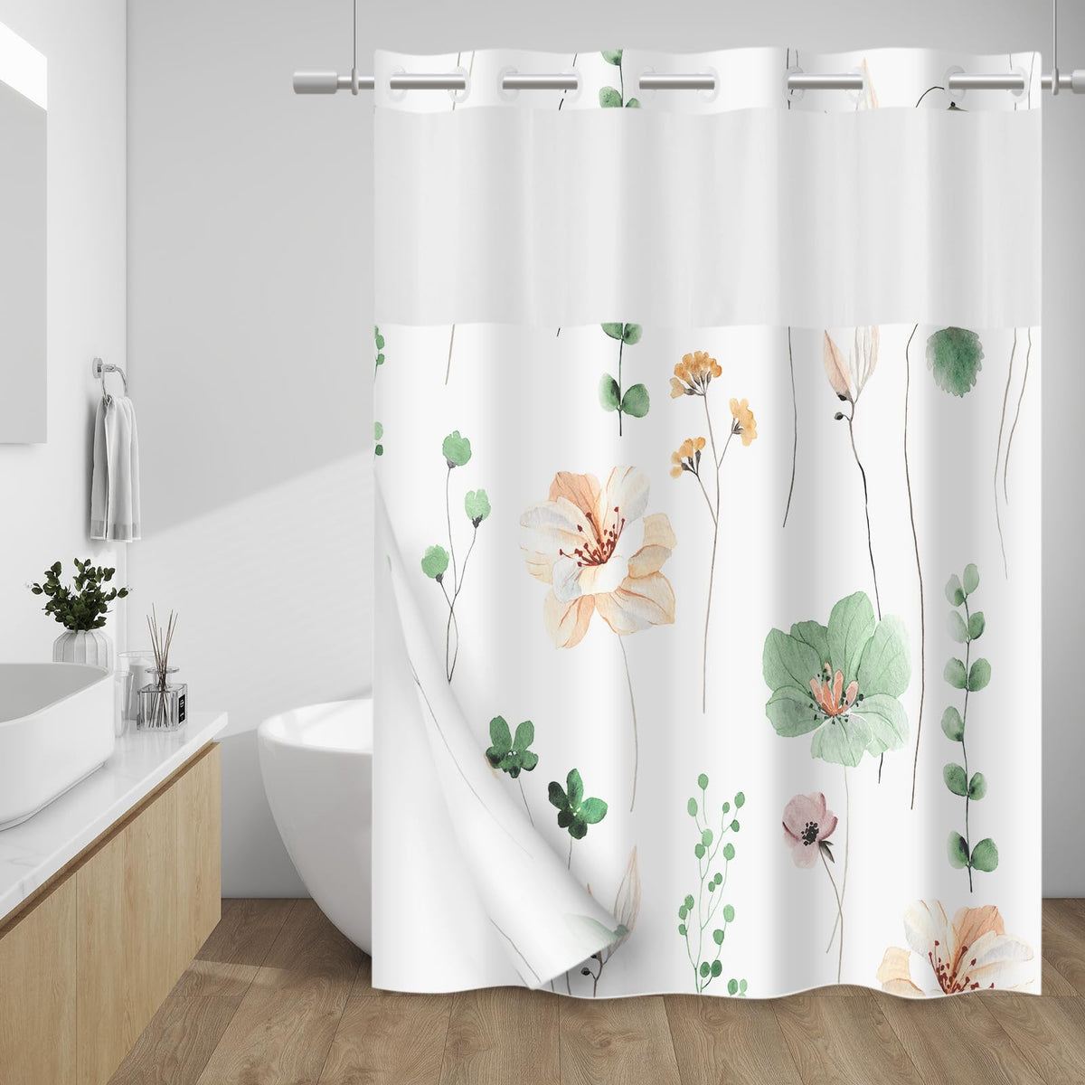 WITHLOC floral sage green shower curtain adds calming decor and moisture resistance