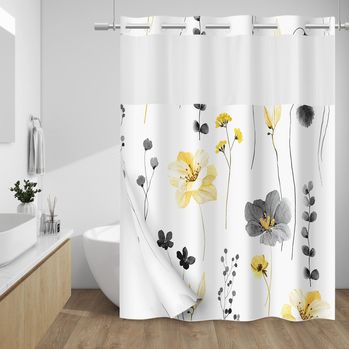 WITHLOC no hook shower curtain with split rings in floral yellow gray for easy hanging