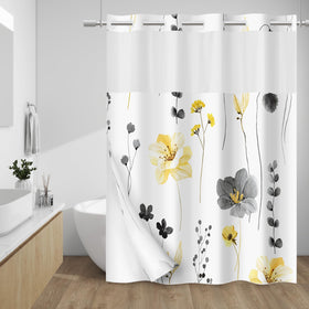 WITHLOC no hook shower curtain with split rings in floral yellow gray for easy hanging