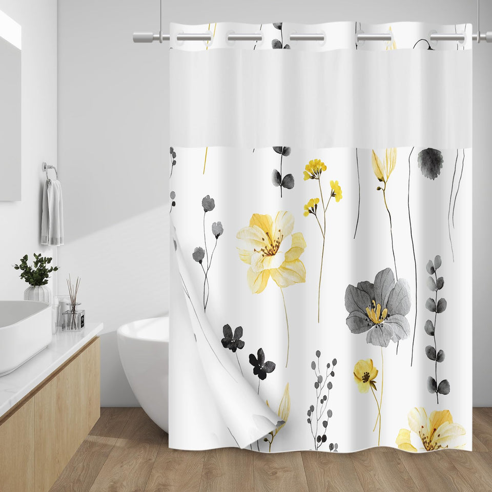WITHLOC no hook shower curtain with split rings in floral yellow gray for easy hanging