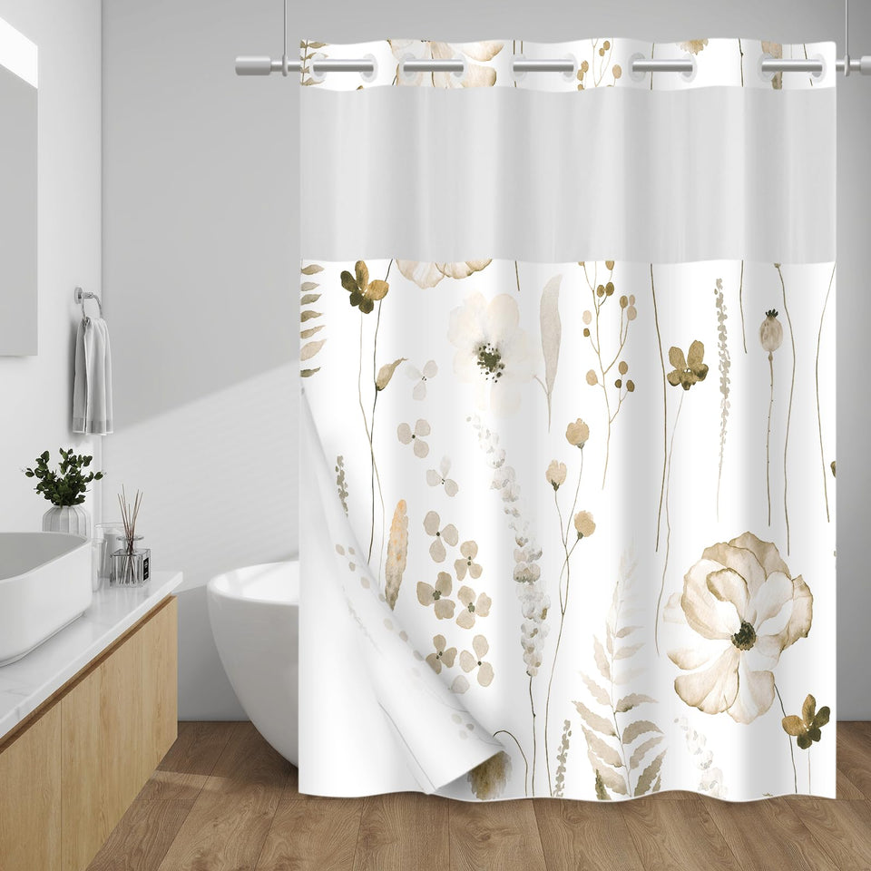 WITHLOC No Hook shower curtain with split rings for fast, clutter-free hanging.