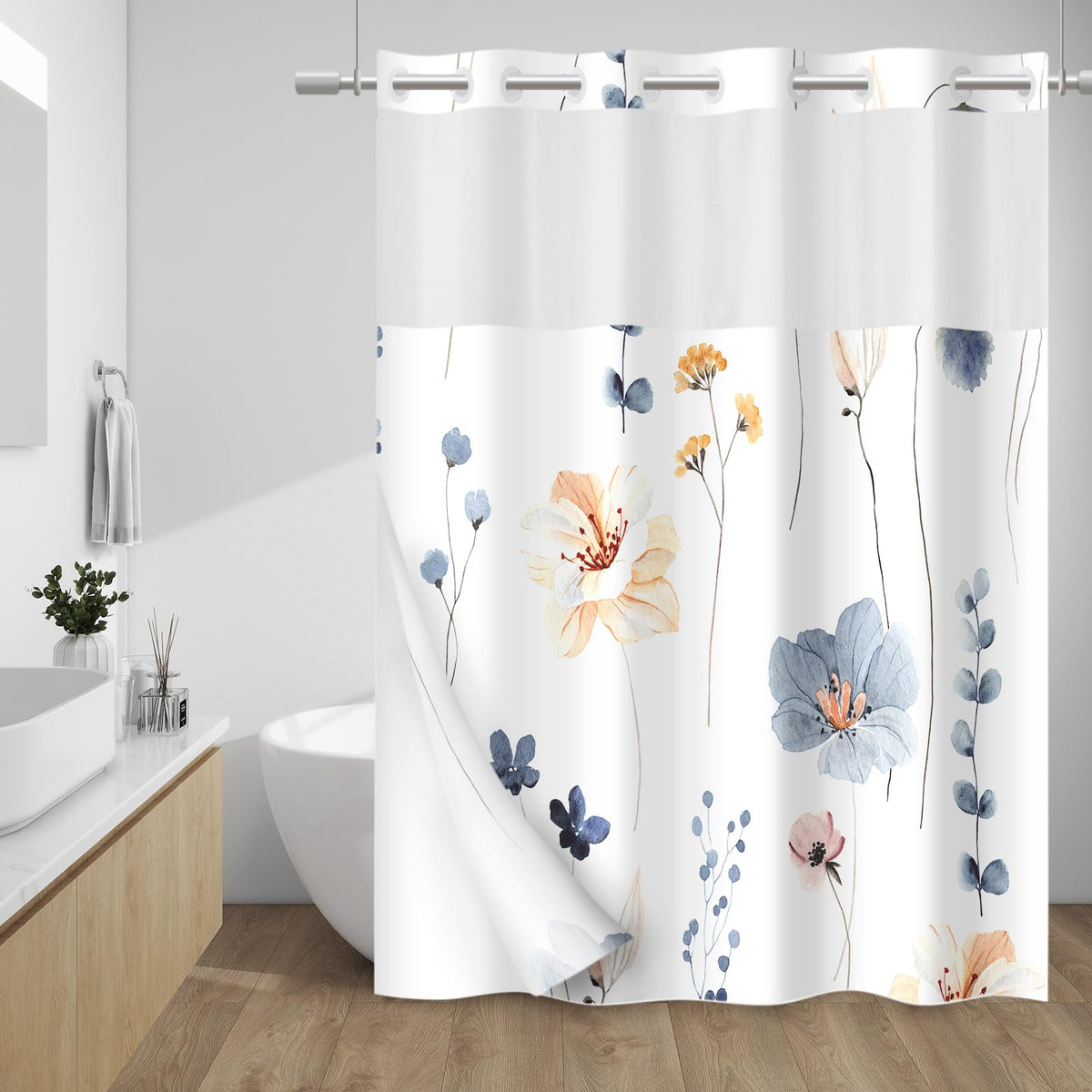 WITHLOC watercolor floral shower curtain with blue beige flowers for calm decor
