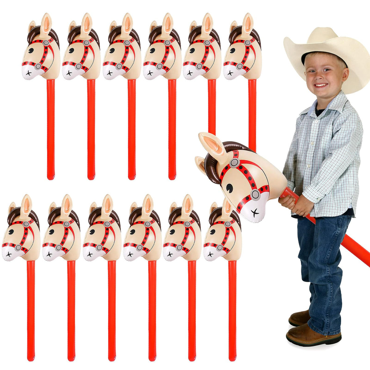 Wizzosivoor red inflatable stick horse front view for vibrant party decor