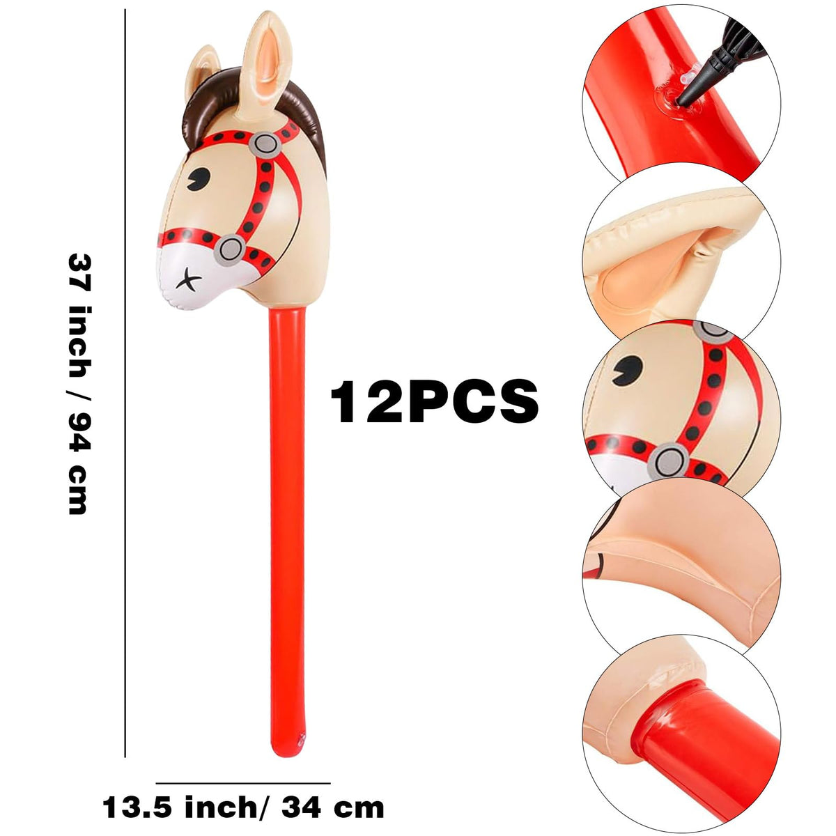 Wizzosivoor red inflatable stick horse side view ideal for dynamic photo moments