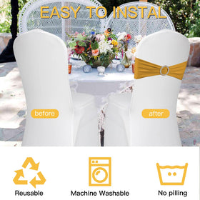Elegant wedding setup with WJWHQ chair sashes on banquet chairs