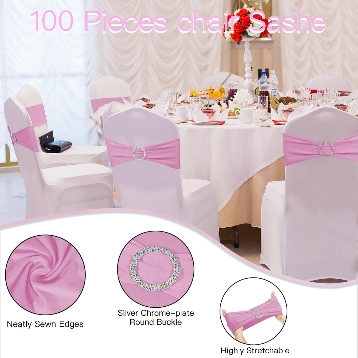 WJWHQ wedding chair sash in pink, elastic design for flawless seats