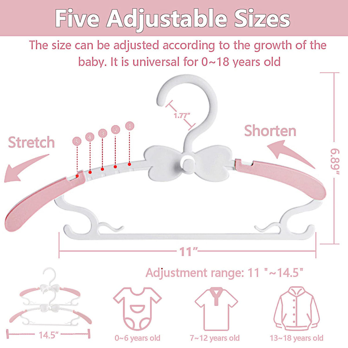 WJWSKI pink adjustable-arm hanger demonstrating telescoping length for varying clothes.