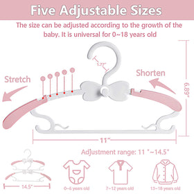 WJWSKI pink adjustable-arm hanger demonstrating telescoping length for varying clothes.