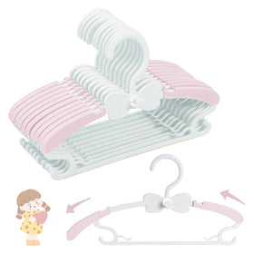 WJWSKI pink baby hangers on closet rod showing organized storage and set packaging.