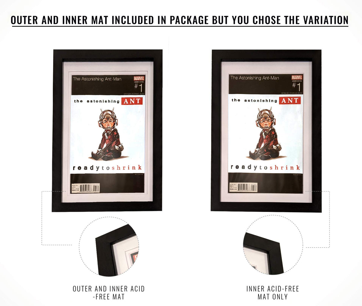 WKG Brands Black Frame with White Mat highlights classic comic display.