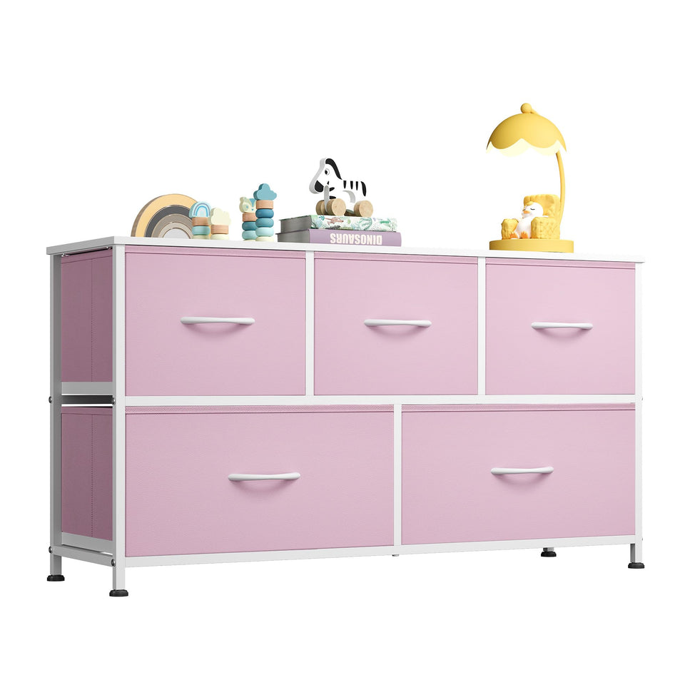 WLIVE APink dresser front view with five fabric drawers for organized storage.