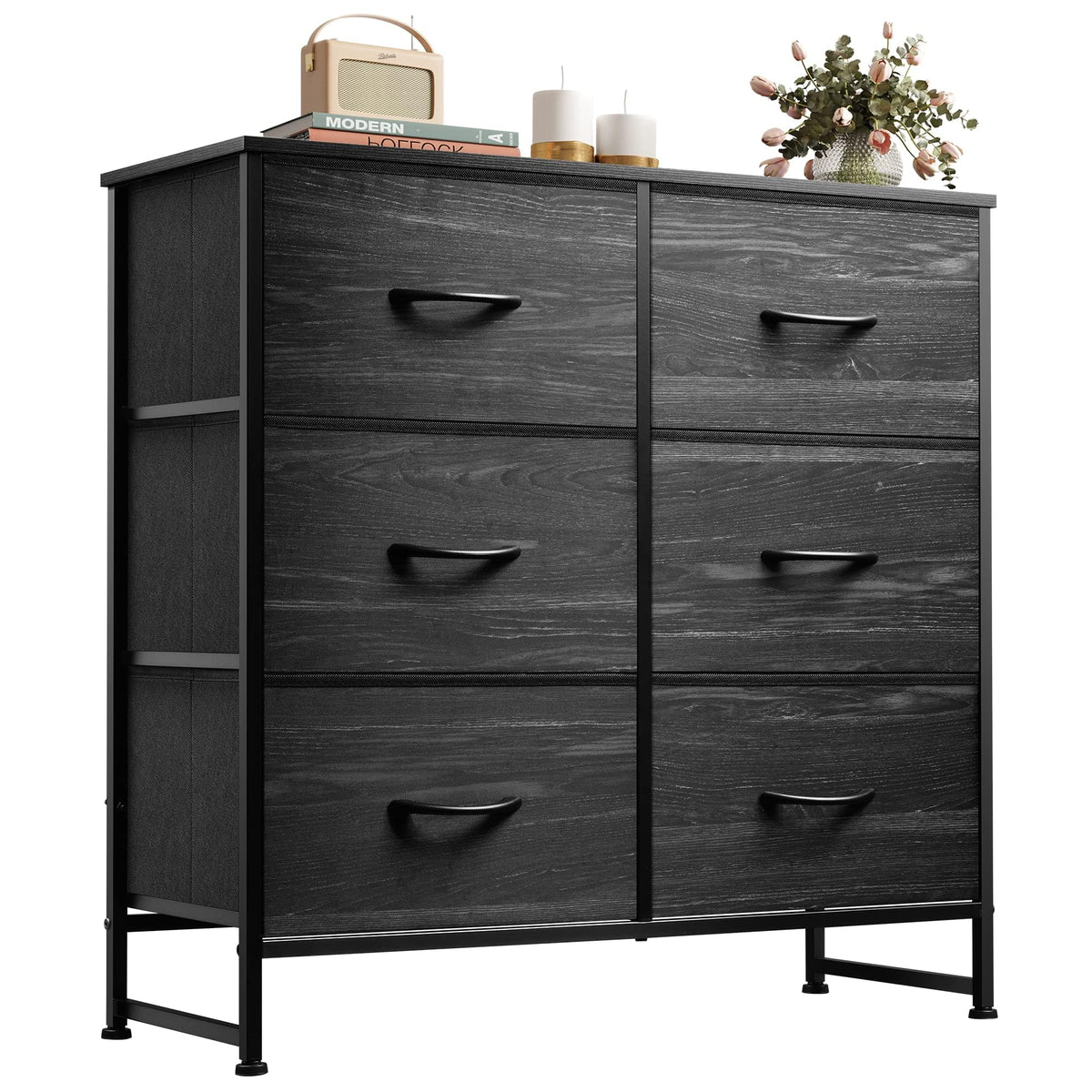 WLIVE black dresser with six fabric drawers for organized clothes.