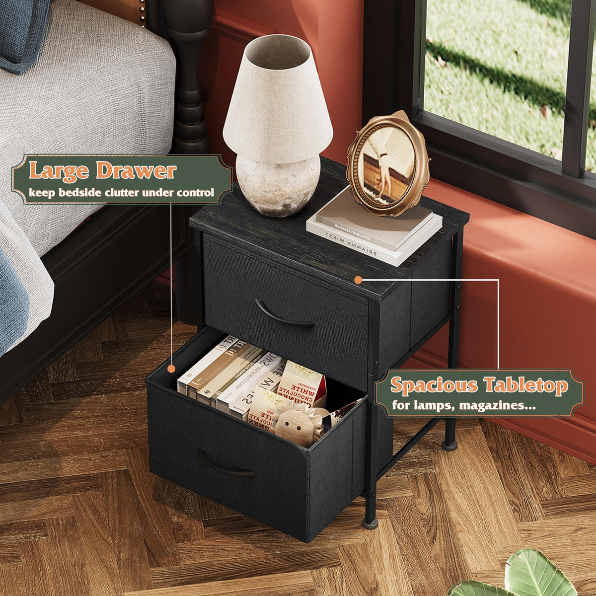 WLIVE black night stand highlights the metal frame for daily stability.