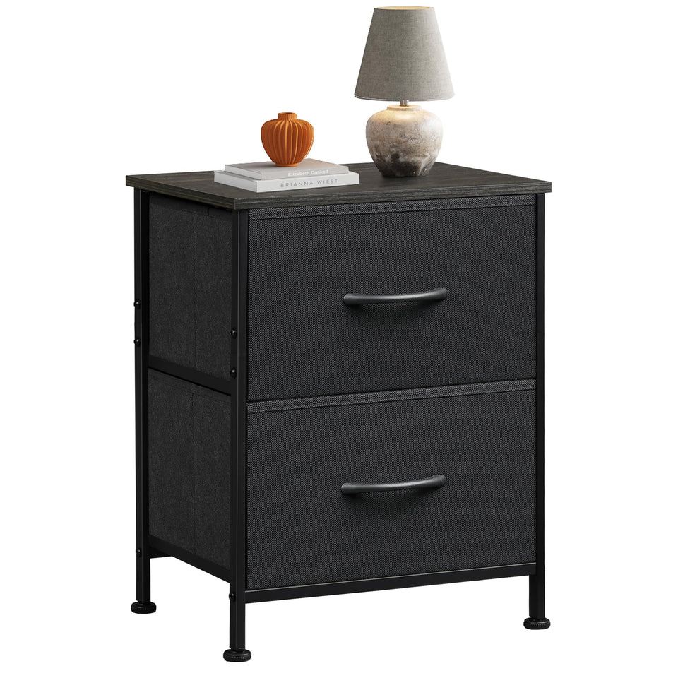 WLIVE black night stand with wooden top offers a sturdy bedside surface.