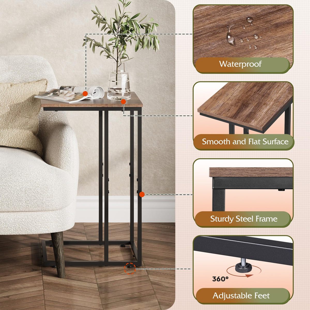 WLIVE C Shaped End Table closeup of steel frame highlights durability.