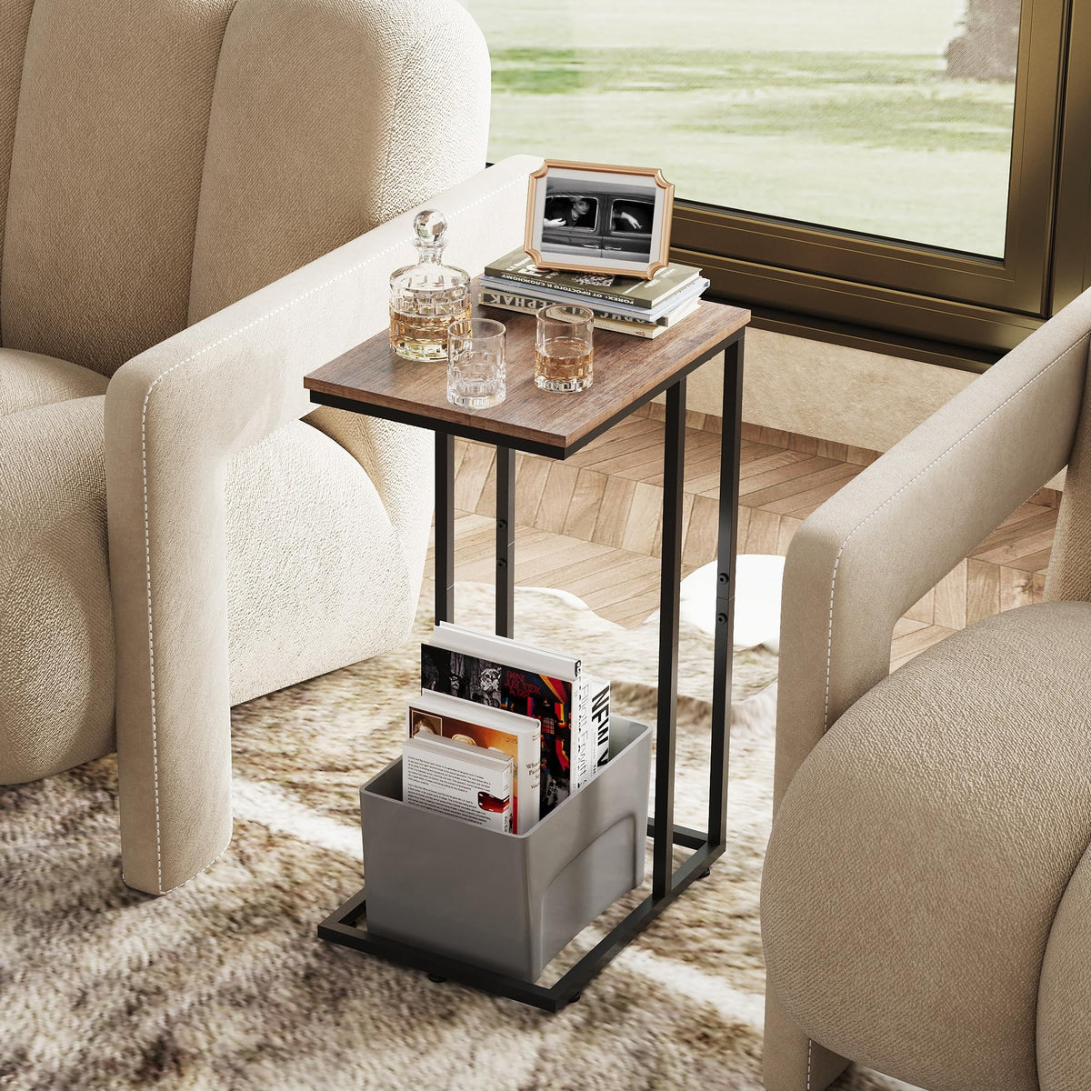 WLIVE C Shaped End Table side profile reveals slim, space-saving silhouette.