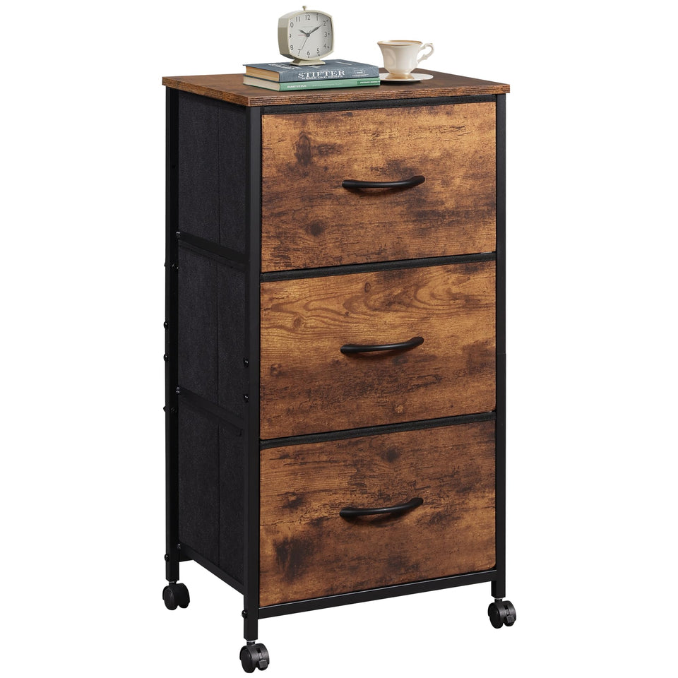 WLIVE dresser with 3 drawers showing sturdy steel frame and wood top for durable storage