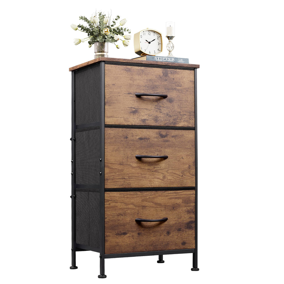WLIVE dresser front view showing three drawers in rustic brown wood grain