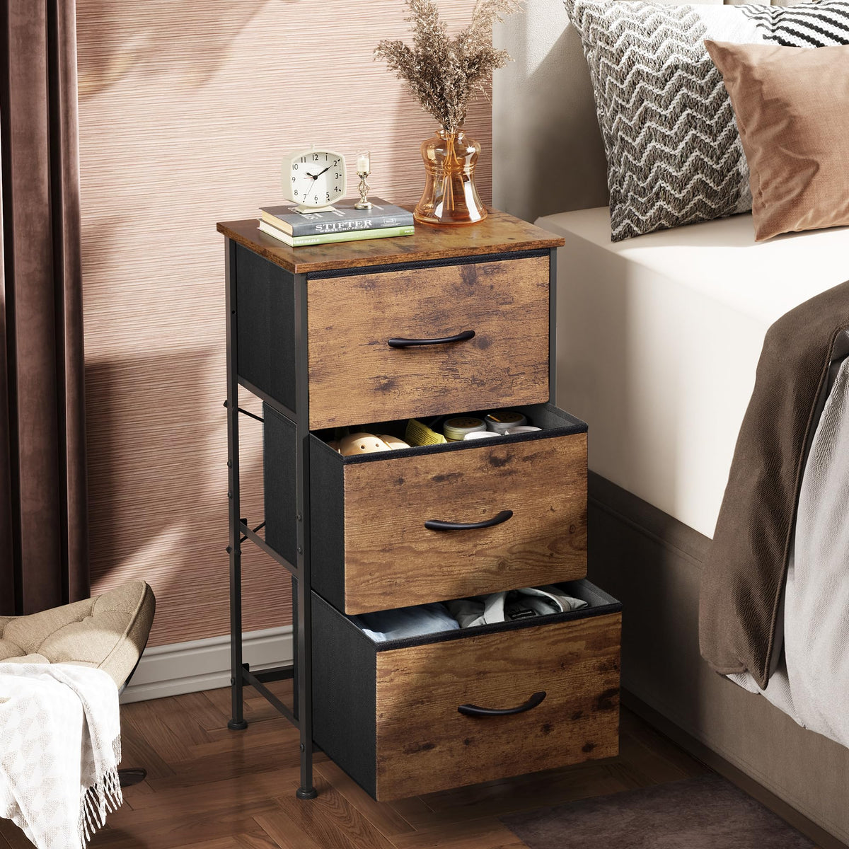 WLIVE dresser side view highlighting slim profile in rustic brown