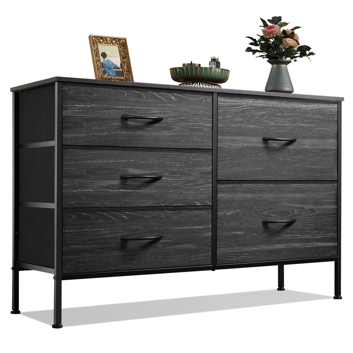 WLIVE dresser with five drawers, charcoal wood grain front for organized bedroom storage.
