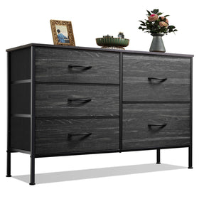 WLIVE dresser with five drawers, charcoal wood grain front for organized bedroom storage.
