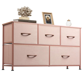WLIVE dresser with five fabric bins and pink finish for organized storage.