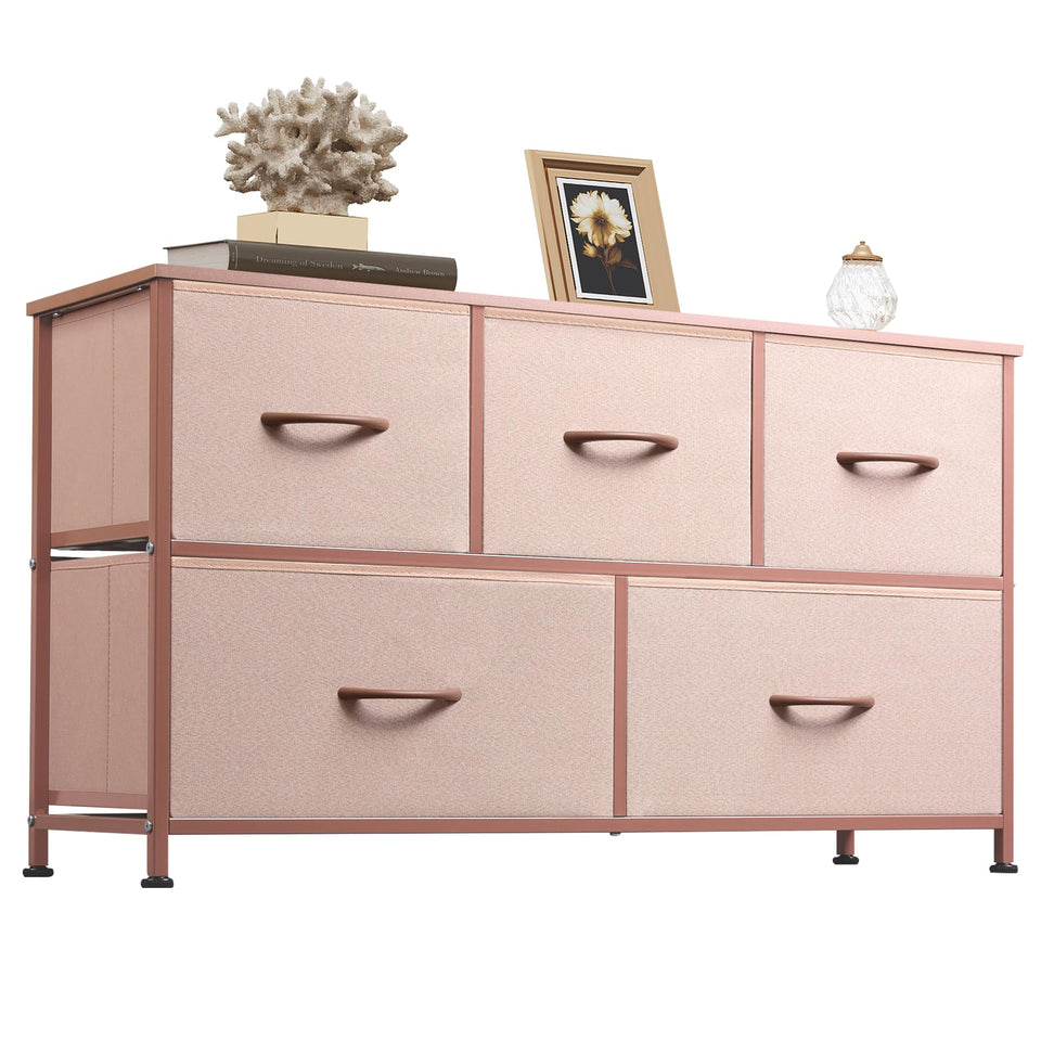 WLIVE dresser with five fabric bins and pink finish for organized storage.