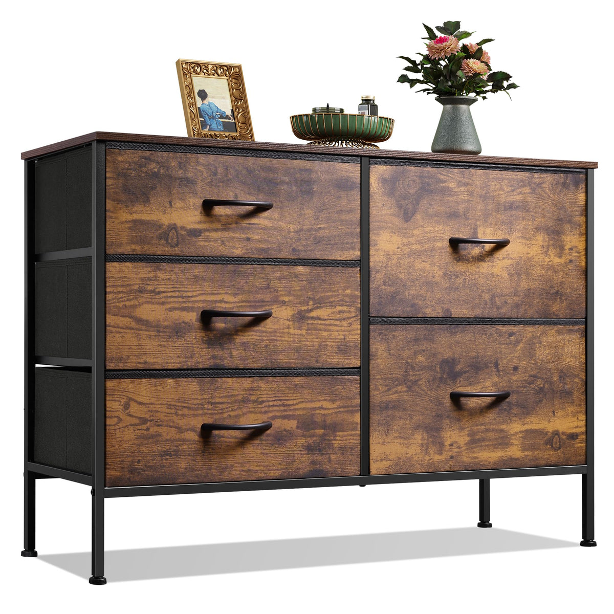 WLIVE dresser with five drawers in rustic wood grain for organized bedroom storage.