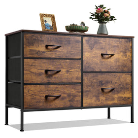 WLIVE dresser with five drawers in rustic wood grain for organized bedroom storage.