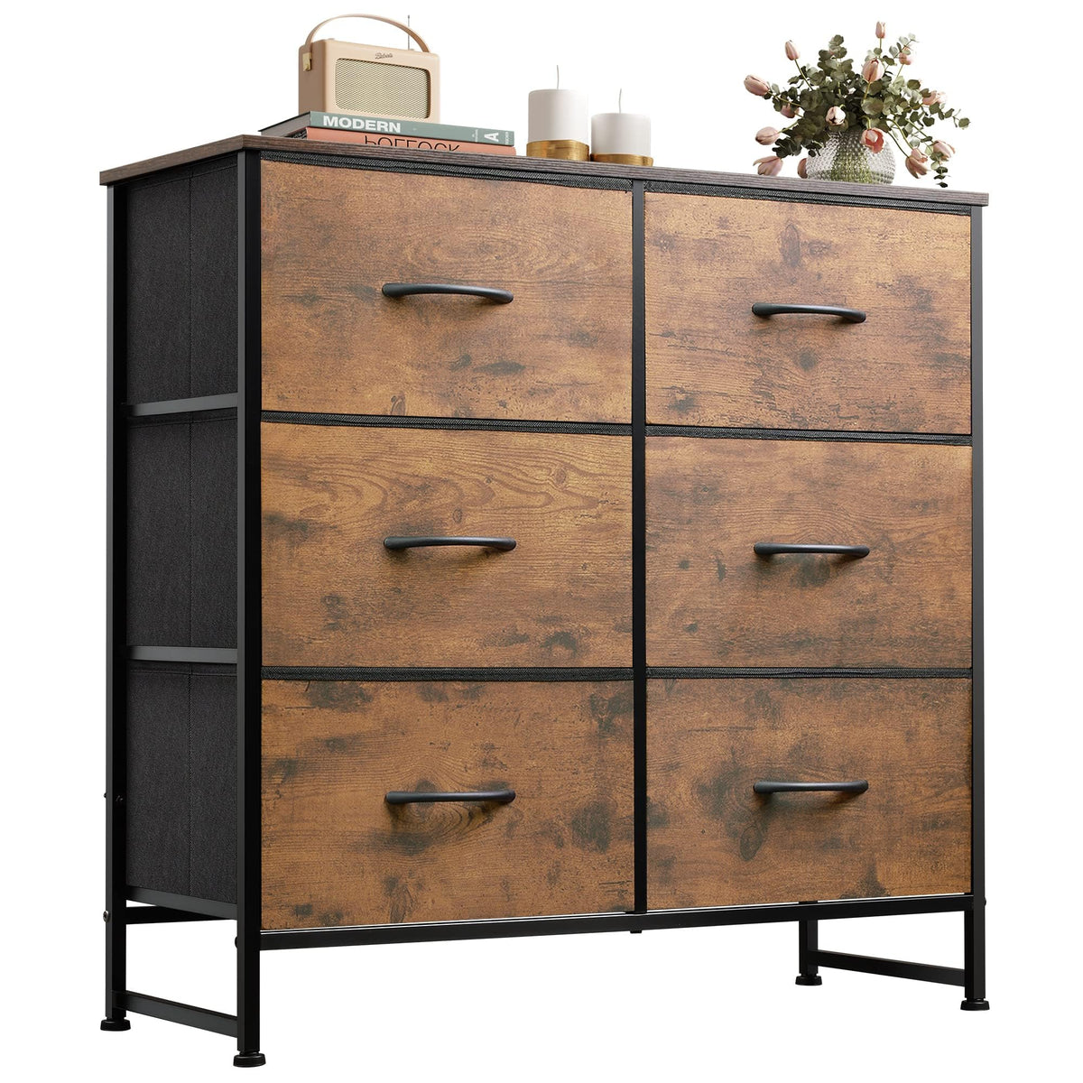 WLIVE dresser with six fabric drawers and wood top for organized storage.